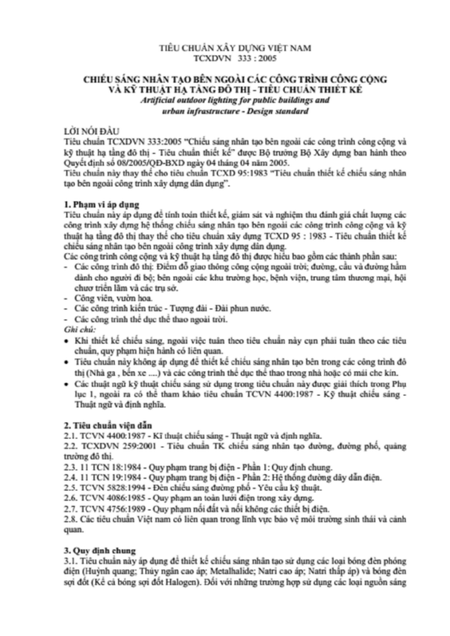 Tiêu chuẩn thiết kế chiếu sáng TCXDVN 333-2005